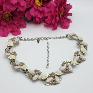NY & Co White Rose Floral Crystal Bib Necklace Silver Tone 20" Adj. Statement